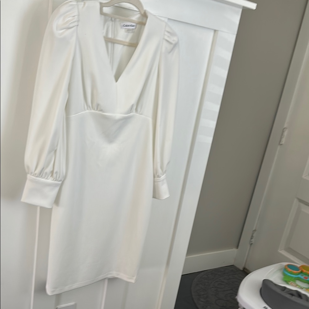Calvin Klein White Sheath Dress with Plunge Neckline